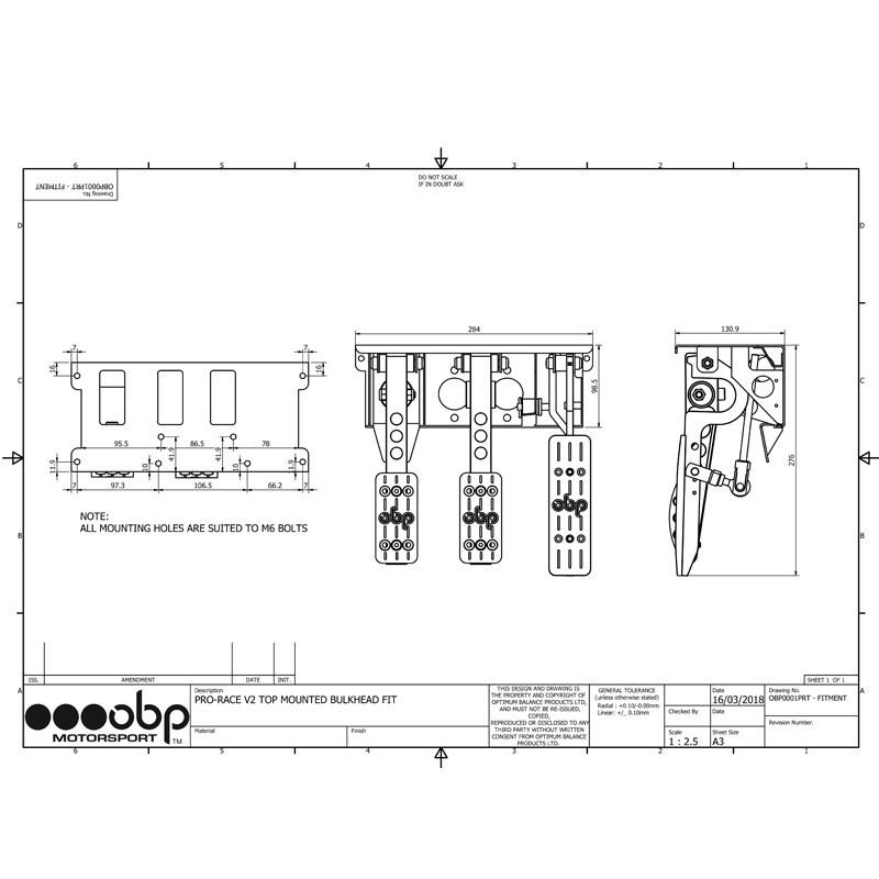 Pedal Box cu 3 pedale OBP, suspendat, fără cilindru principal, raport 5:1 - OBP-0002PRT - OBP0002PRT - 3661768428665