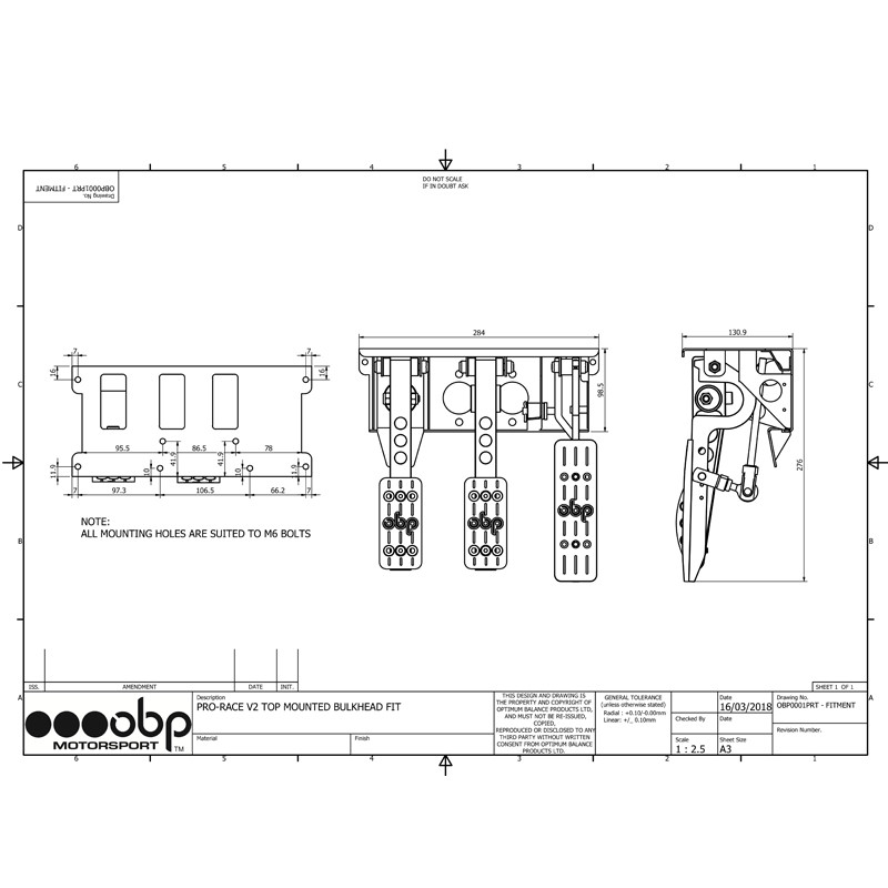 OBP Top Mounted Pedal Box with 3 Pedals without Master cylinder 5:1 - OBP-0002PRT - OBP0002PRT - 3661768428665