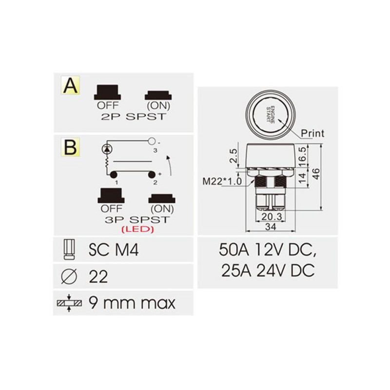 Switch / Push Button for Engine Start - EL-MR220223 - A2-23B RED - 3661768255179