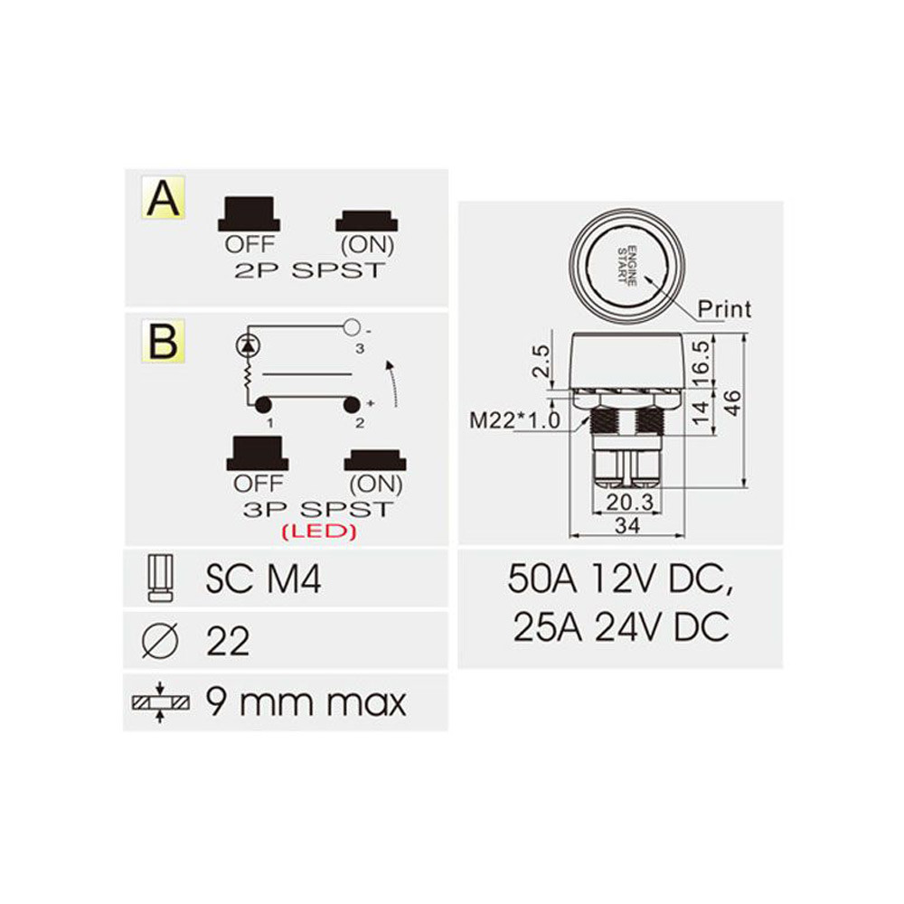 Switch / Push Button for Engine Start - EL-MR220223 - A2-23B RED - 3661768255179