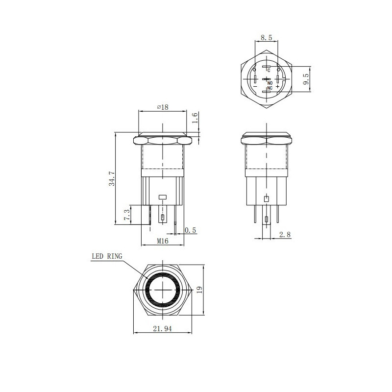 Bouton poussoir métallique verrouillage et cerclage led rouge - LU-LAS316R - 3661768399958