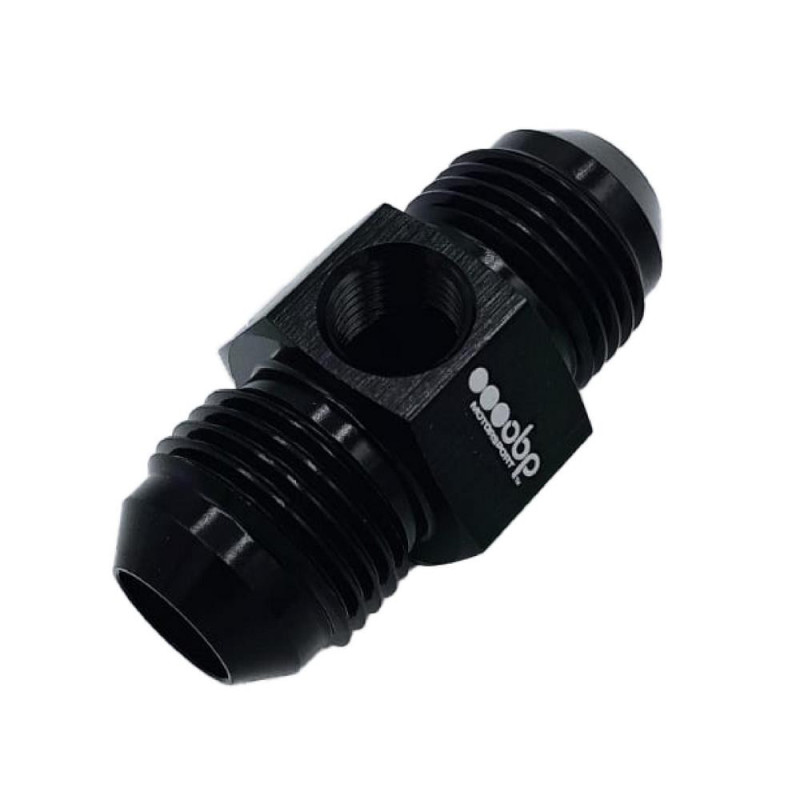 Adapter Mannelijk/Mannelijk OBP JIC-JIC met manometeruitgang 1/8NPT zwart aluminium - OBP-ADMANO.D6 - OBP-6-1/8PORT