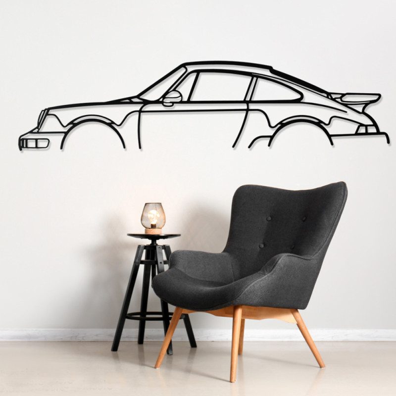 Art Design table decoration with wood base - silhouette Porsche 911 CLASSIC - AD-ART355-TB.J.80 - ART.355OAKT80YELLOW
