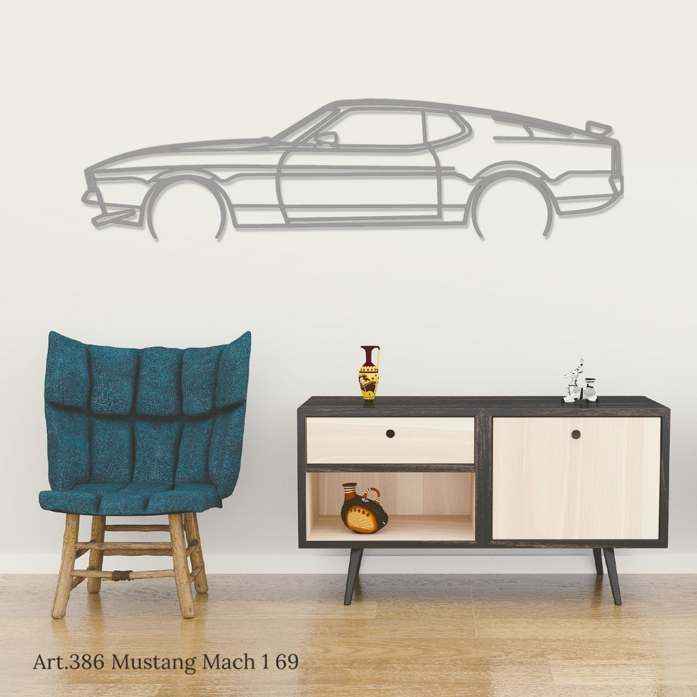 Houten Art Design wandhanger - silhouet Ford MUSTANG MACH 1 69 - AD-ART386-TB.SI.80 - ART.386OAKT80SILVER