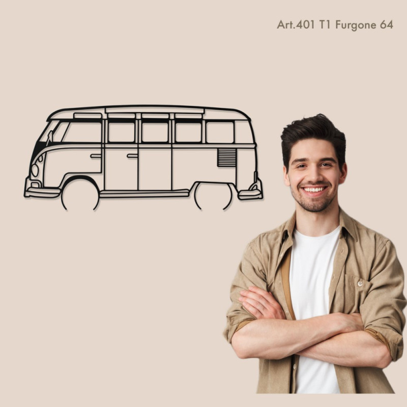 Decorazione da tavolo Art Design con base in legno - silhouette VW T1 VAN 64 - AD-ART401-TB.N.60 - ART.401OAKT60