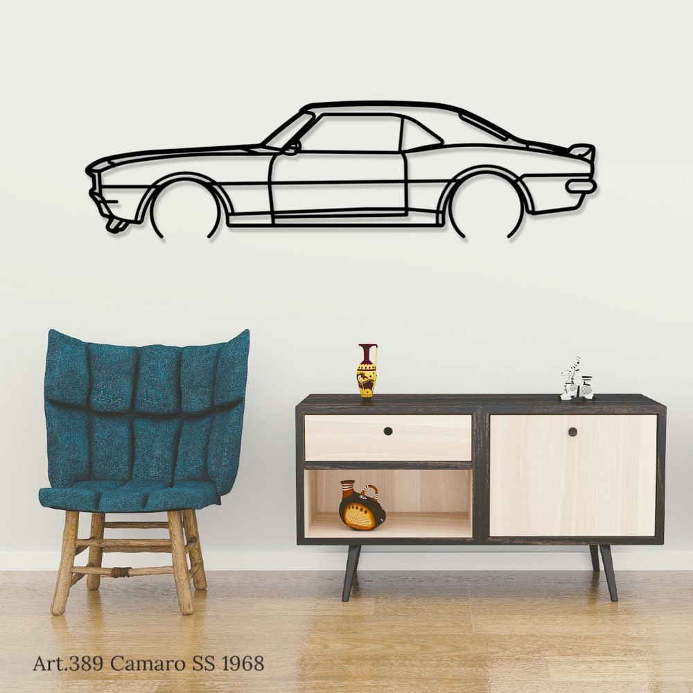 Décoration à poser Art Design support acier - silhouette Chevrolet CAMARO SS 1968 - AD-ART389-TA.J.80 - ART.389STEELT80YELL