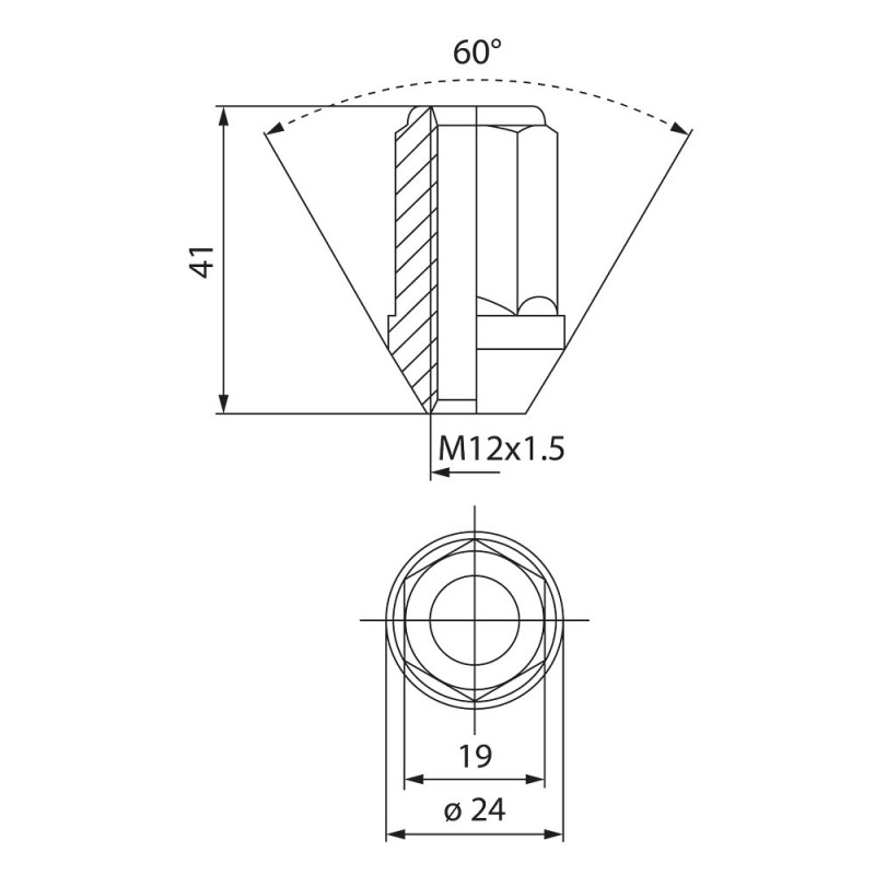 Moer EVO Corse zwart gegalvaniseerd staal 12x150 sleutel 19 conus 60° L41mm open - EVO-CM0751000040 - CM0751000040 - 3666618154558