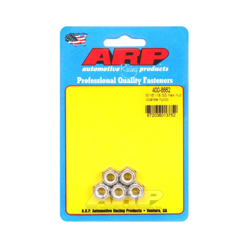 ARP nuts pack (5) 5/16-18 - Stainless steel Nyloc Hex - ARP-400-8662 - 400-8662 - 3666618225838