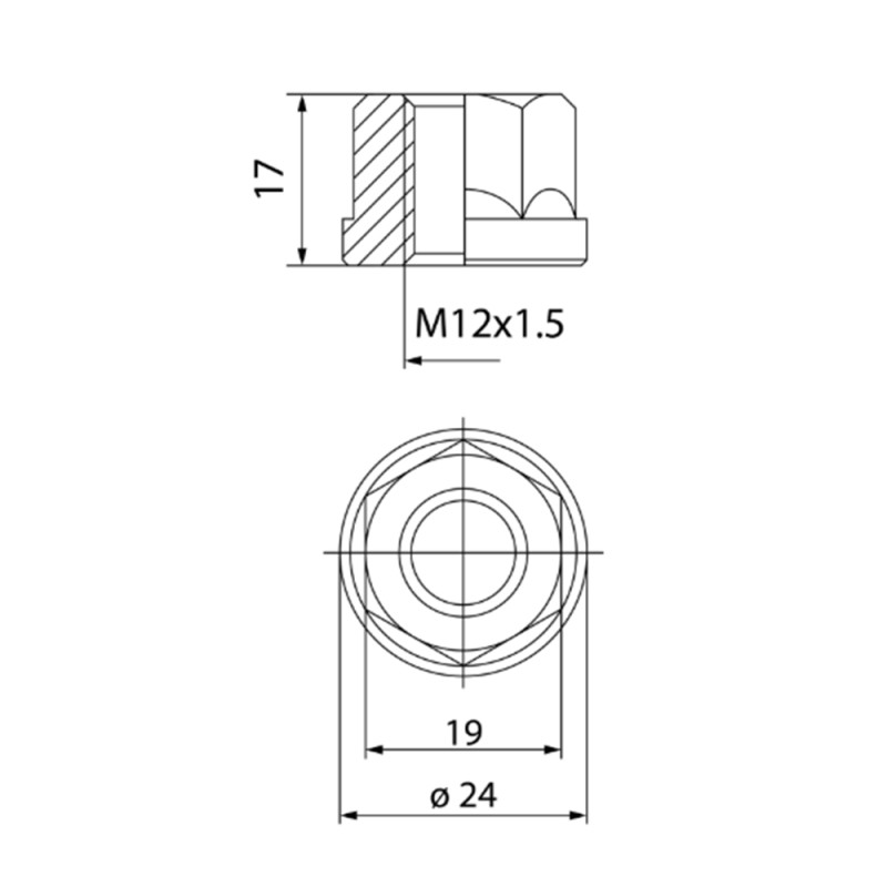 Open platte moer 12x150 sleutel 19 Ø24 L17mm zink - EVO-CM0751230010 - CM0751230010 - 3666618534374