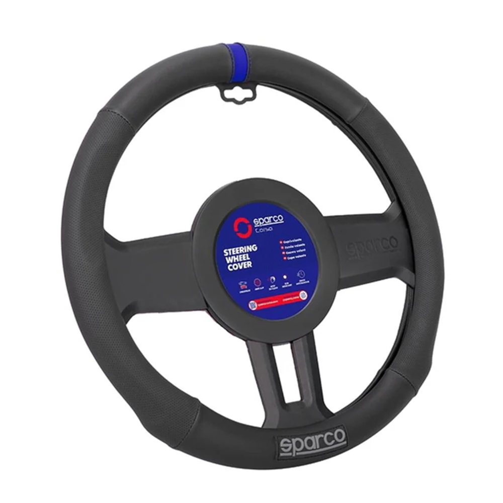 Husă de volan neagră cu bordură albastră SPARCO, Ø 37,5 cm - LI-SPS136BL - SPS136BL - 6922516336616