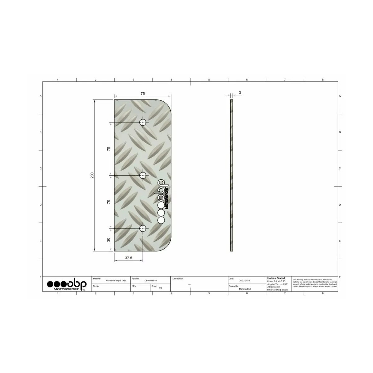Suport pentru picioarele pilotului OBP din aluminiu (200x75 mm) - OBP-A045.SI - OBPA045
