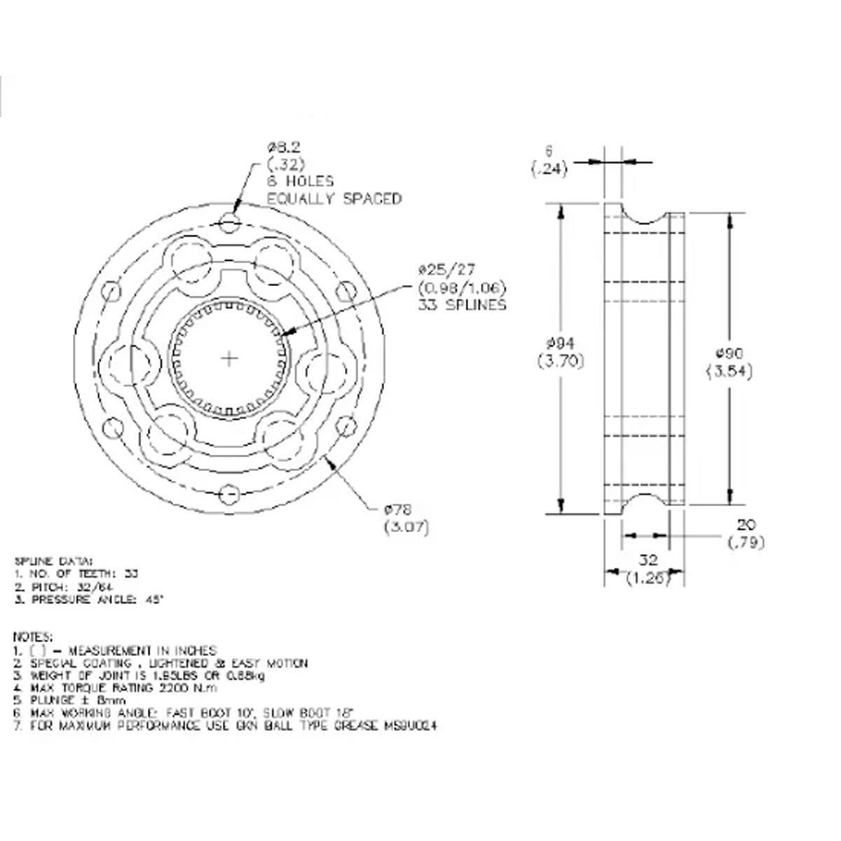 GKN Lobro Joint 33 splines Diameter 94mm thickness 32mm Center distance 78 - AS-MS3J003 - MS3J003 - 3661768037003