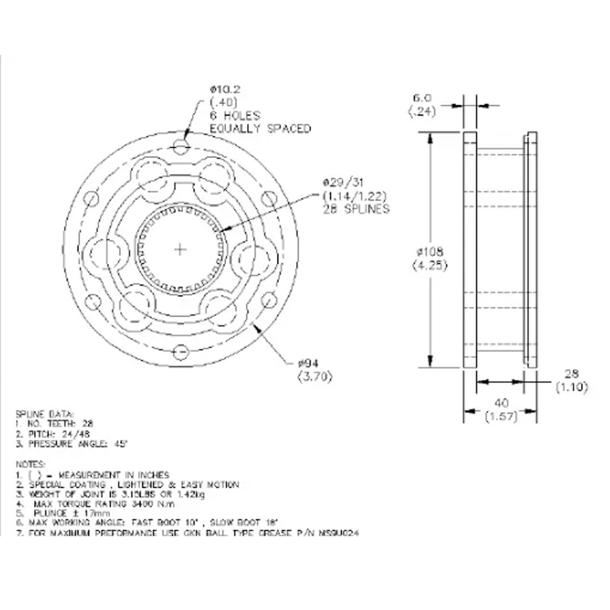 Guarnizione GKN 28 scanalature diametro 108 mm spessore 40 mm PCD94 - AS-MS3N014 - MS3N014 - 3661768037010