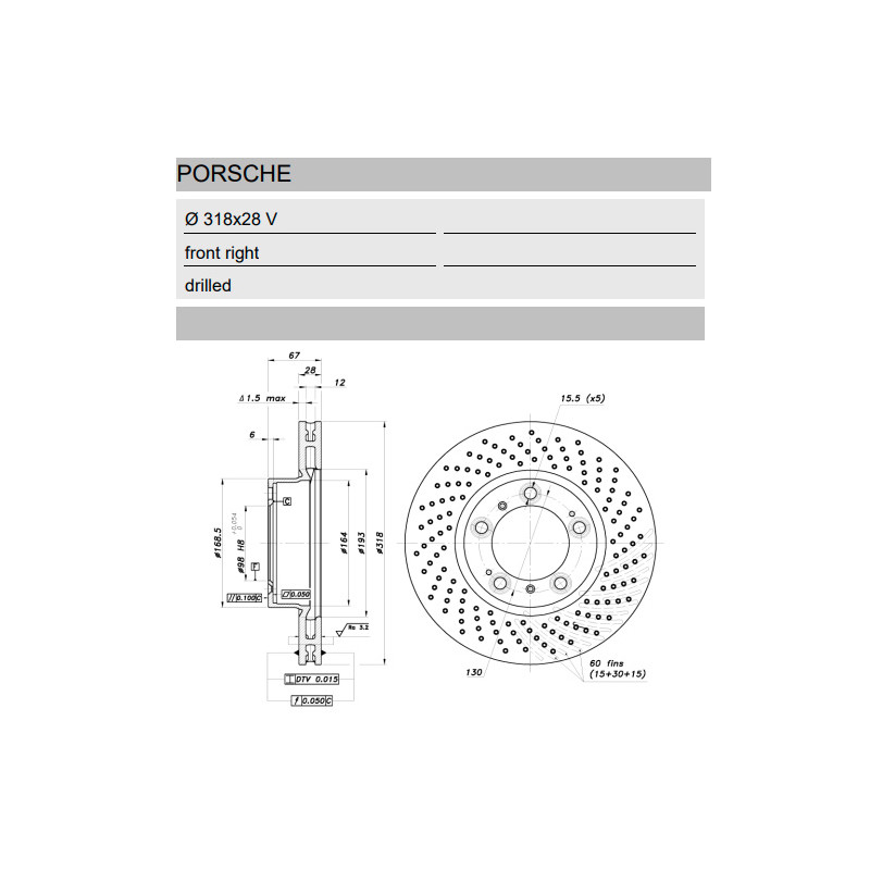GT2i Groep N-remschijf rechtsvoor Porsche Boxster 911 met gaten 318x28 mm - BR-DFN-1053 - 3661768945148