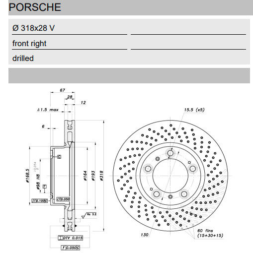 Disco freno GT2i Gruppo N anteriore destro Porsche Boxster 911 trafitto 318x28 mm - BR-DFN-1053 - 3661768945148