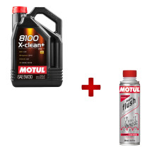 Pacchetto cambio olio motore MOTUL: olio 8100 X-CLEAN+ 5W30 5 L + pulitore Engine Flush 300 ml - pack-motul-vidange-3