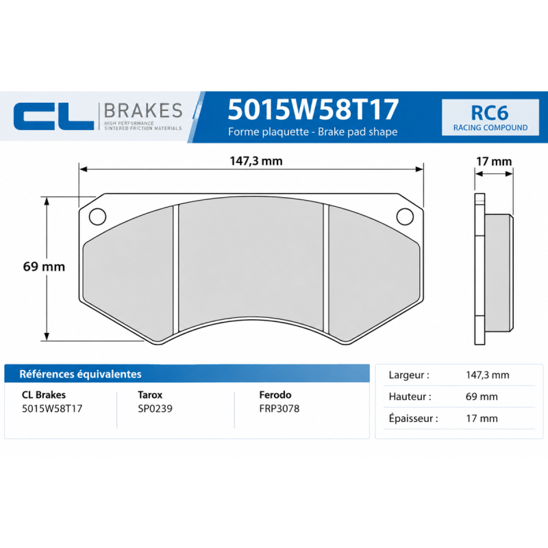 Pastiglie CL Brakes RC6 Tarox B32 SP0239 5015W58T17RC6 - CL-5015W58T17RC6 - 5015W58T17 RC6 - 3661768202425