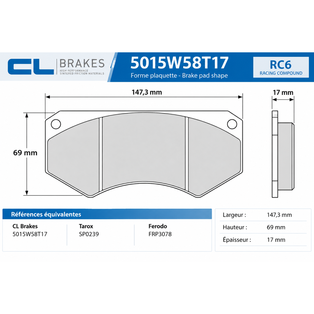 Remblokken CL Brakes RC6 Tarox B32 SP0239 5015W58T17RC6 - CL-5015W58T17RC6 - 5015W58T17 RC6 - 3661768202425