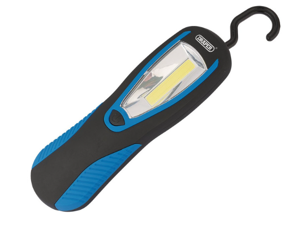 Draper Tools Luce da lavoro COB a LED con retro magnetico e gancio di sospensione blu da 3W 200 Lumen 3 batterie AA incluse - DRA-94507 - D94507 - 5059482030420