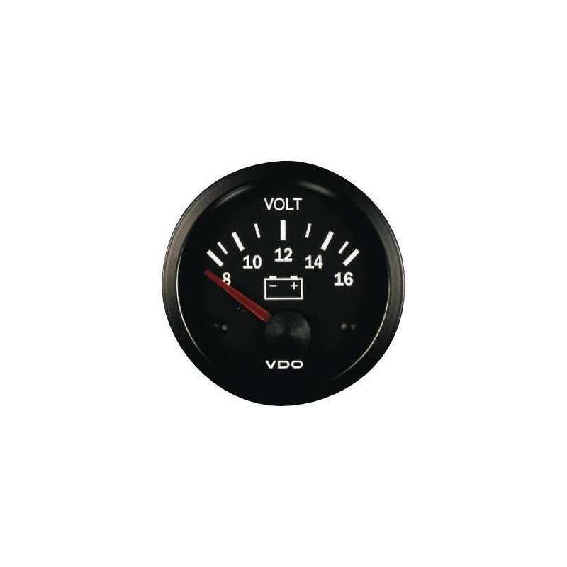 Manometer Voltmeter VDO 8 / 16 Volt Vision Diameter 52 Zwarte voet - V-VO332-010-001 - 332-010-001K - 4103590700315