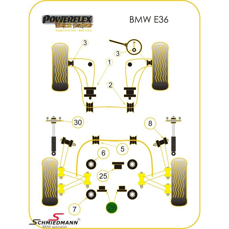 Silentblocuri Powerflex Black pentru diferențialul spate al modelului BMW E36 (2 bucăți) - PF-R5326-2N - PFR5-326BLK - 5055676528124