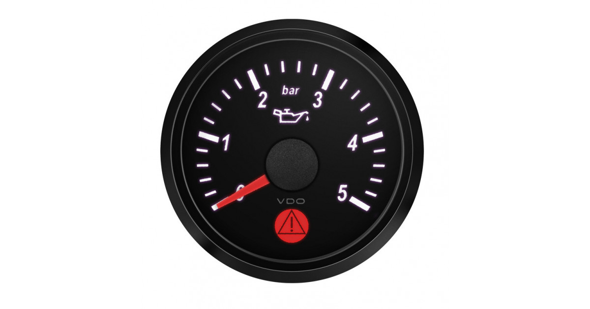 VDO SingleViu Oil Pressure Gage Diameter 52mm Black Background 0-5Bars