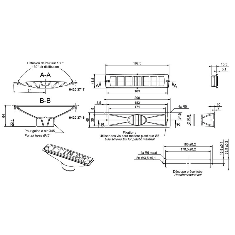 Siroco aansluiting verwarmingsrooster voor diameter 45 - EL-CHAUFF716 - 04203716 - 3661768611579